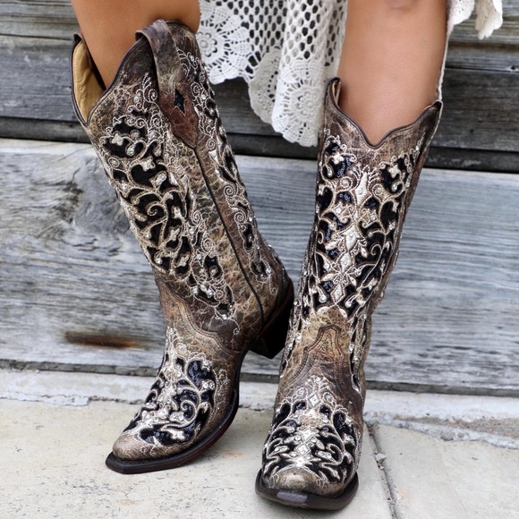 J.B. Dillon Black & Cream Inlay Leather Snip Toe Western Scalloped Boots